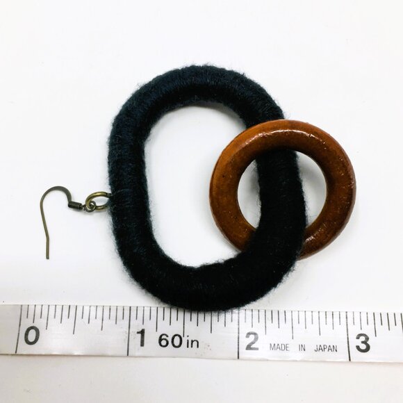 Handmade Oval Black Acrylic Wrapped Chunky Wood Dangle Chain Earrings - Picture 10 of 13